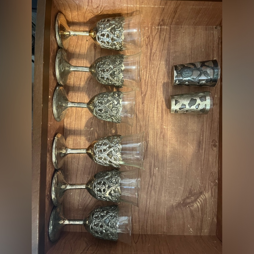 Antique Ornate Cordial/ Liquor Glasses and rose shot glass